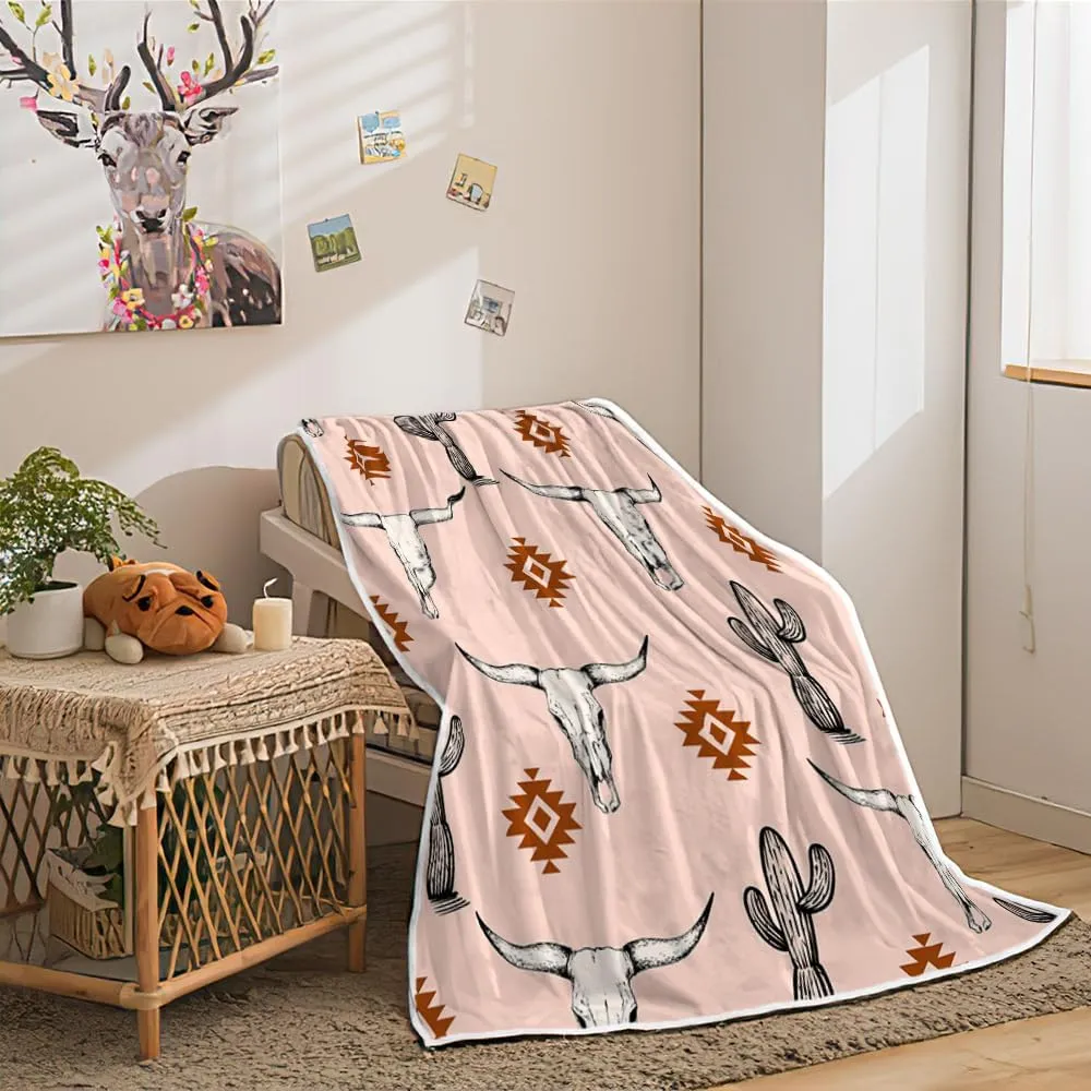 Western Boho Pink Throw Blanket, Bohemian Geometric Southwestern Bull Skull Warm and Cozy Fleece Throw Blanket for Bed, Couch, Native American Aztec Tribal Cactus Travel Camping Blanket, 50X60in