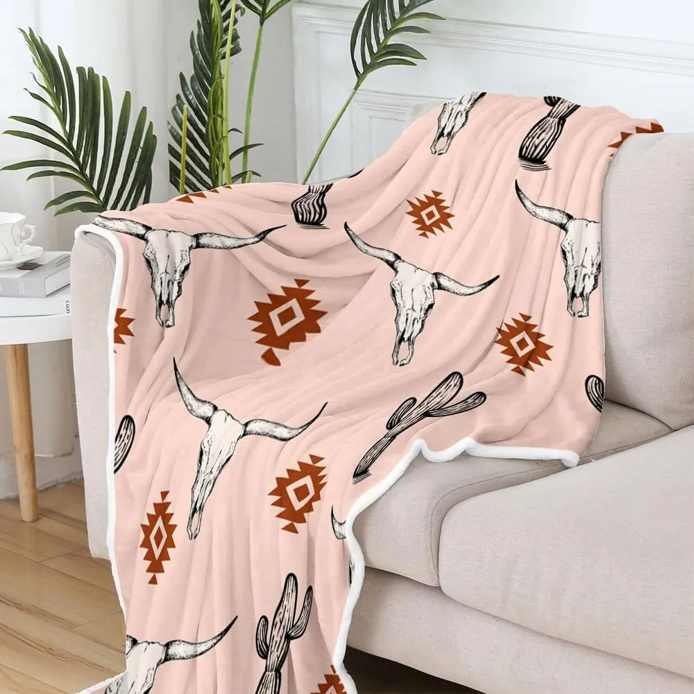 Western Boho Pink Throw Blanket, Bohemian Geometric Southwestern Bull Skull Warm and Cozy Fleece Throw Blanket for Bed, Couch, Native American Aztec Tribal Cactus Travel Camping Blanket, 50X60in
