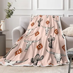 Western Boho Pink Throw Blanket, Bohemian Geometric Southwestern Bull Skull Warm and Cozy Fleece Throw Blanket for Bed, Couch, Native American Aztec Tribal Cactus Travel Camping Blanket, 50X60in