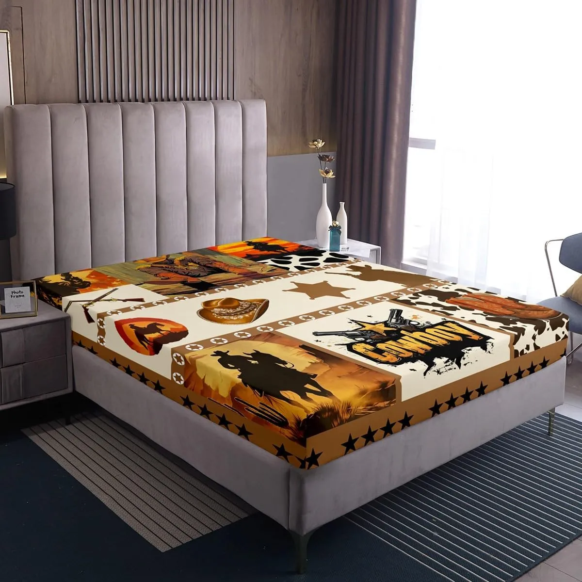 Western Cowboy Kids Sheet Queen Size,Hats Boots Cowhide Texas Stars Hunt Gun Bedding Set,Boys Men Room Decor,Geometric Plaids Patchwork Brown Bed Sheet Set 4pcs(Fitted   Flat   2 Pillowcases)