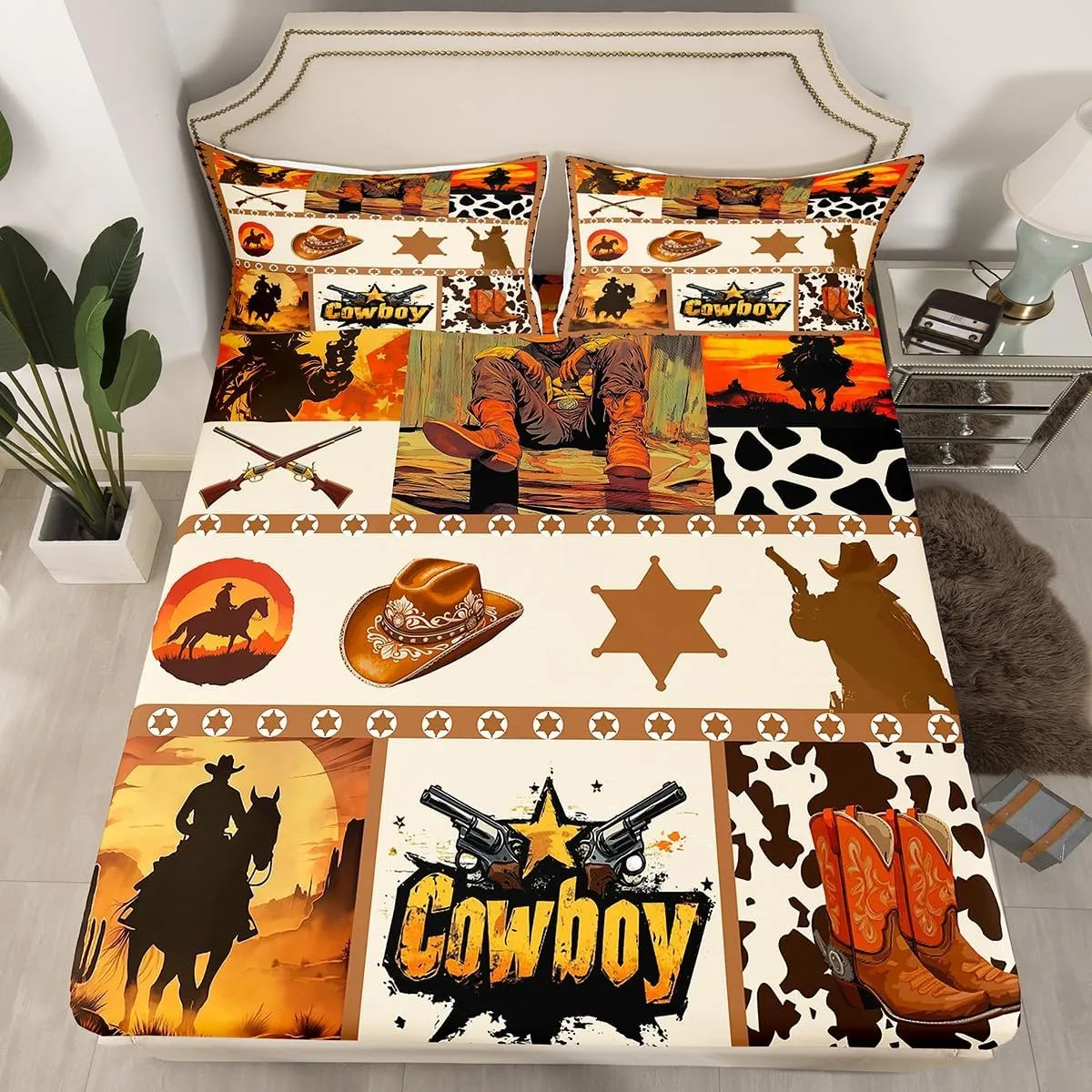 Western Cowboy Kids Sheet Queen Size,Hats Boots Cowhide Texas Stars Hunt Gun Bedding Set,Boys Men Room Decor,Geometric Plaids Patchwork Brown Bed Sheet Set 4pcs(Fitted   Flat   2 Pillowcases)