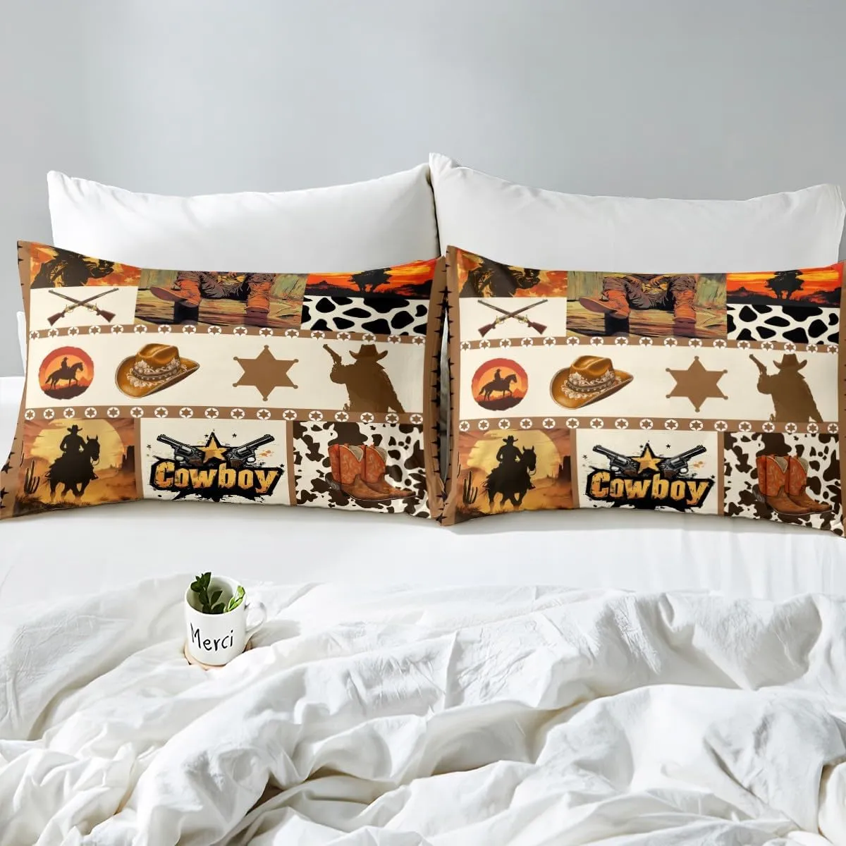Western Cowboy Kids Sheet Queen Size,Hats Boots Cowhide Texas Stars Hunt Gun Bedding Set,Boys Men Room Decor,Geometric Plaids Patchwork Brown Bed Sheet Set 4pcs(Fitted   Flat   2 Pillowcases)