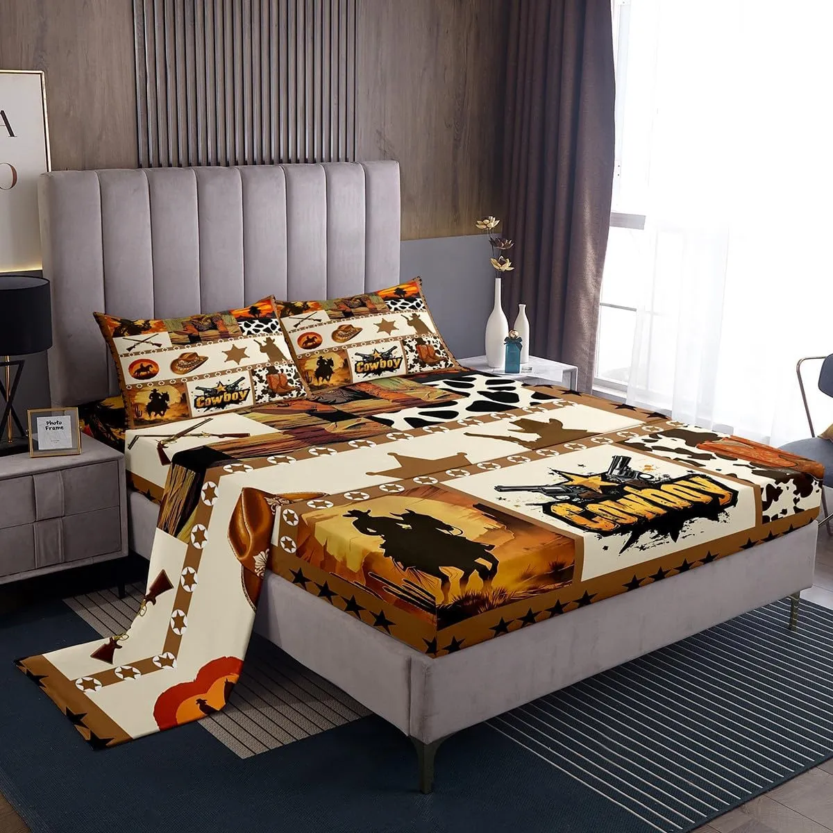 Western Cowboy Kids Sheet Queen Size,Hats Boots Cowhide Texas Stars Hunt Gun Bedding Set,Boys Men Room Decor,Geometric Plaids Patchwork Brown Bed Sheet Set 4pcs(Fitted   Flat   2 Pillowcases)