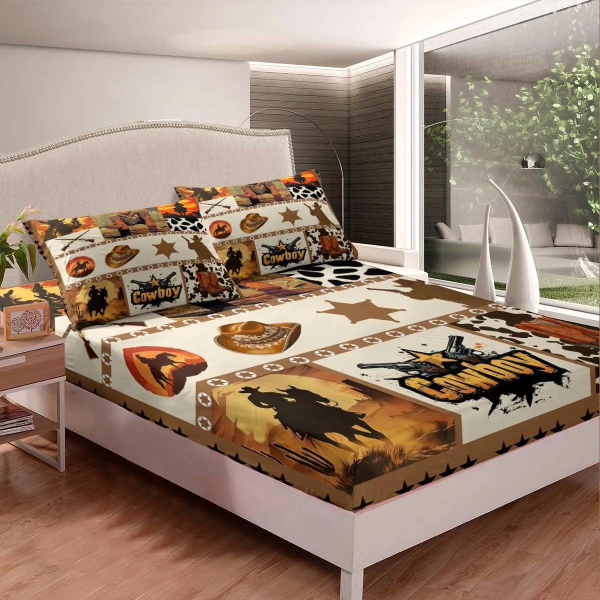 Western Cowboy Kids Sheet Queen Size,Hats Boots Cowhide Texas Stars Hunt Gun Bedding Set,Boys Men Room Decor,Geometric Plaids Patchwork Brown Bed Sheet Set 4pcs(Fitted   Flat   2 Pillowcases)