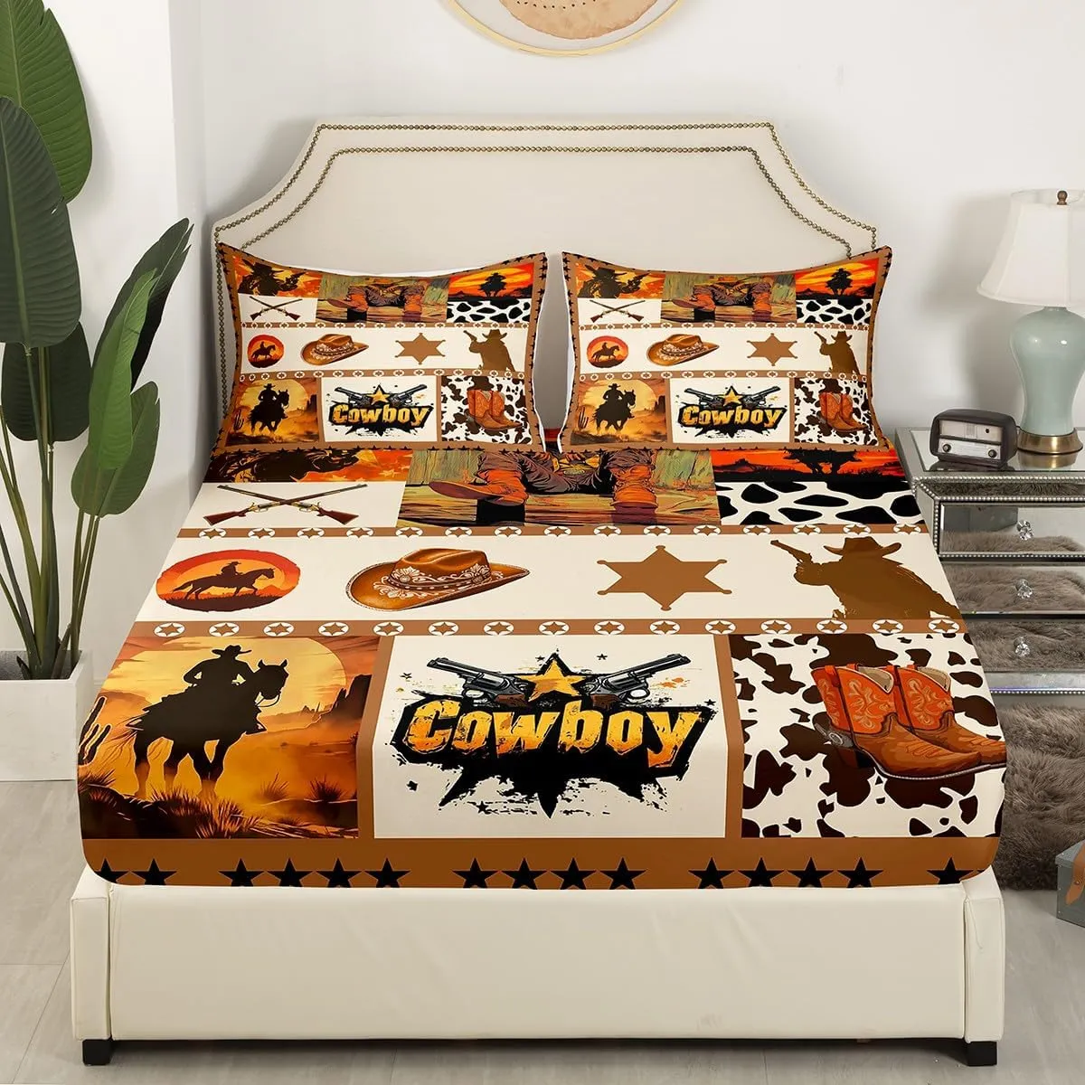 Western Cowboy Kids Sheet Queen Size,Hats Boots Cowhide Texas Stars Hunt Gun Bedding Set,Boys Men Room Decor,Geometric Plaids Patchwork Brown Bed Sheet Set 4pcs(Fitted   Flat   2 Pillowcases)