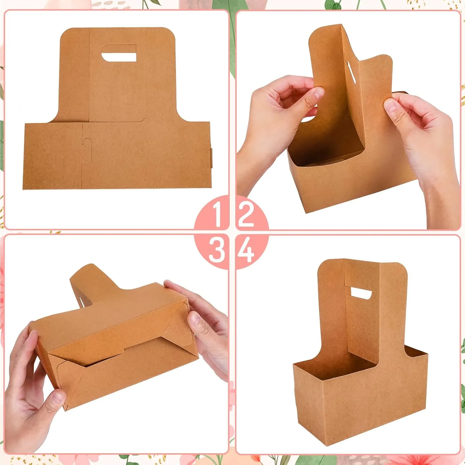 Whaline Kraft Flower Gift Bags 20Pcs Mother's Day Drink Carrier with Handle to 2 Cup Rectangle Floral Wrap Packing Box Kraft Paper Holder Basket for Graduation Wedding Birthday Party Gift Decor