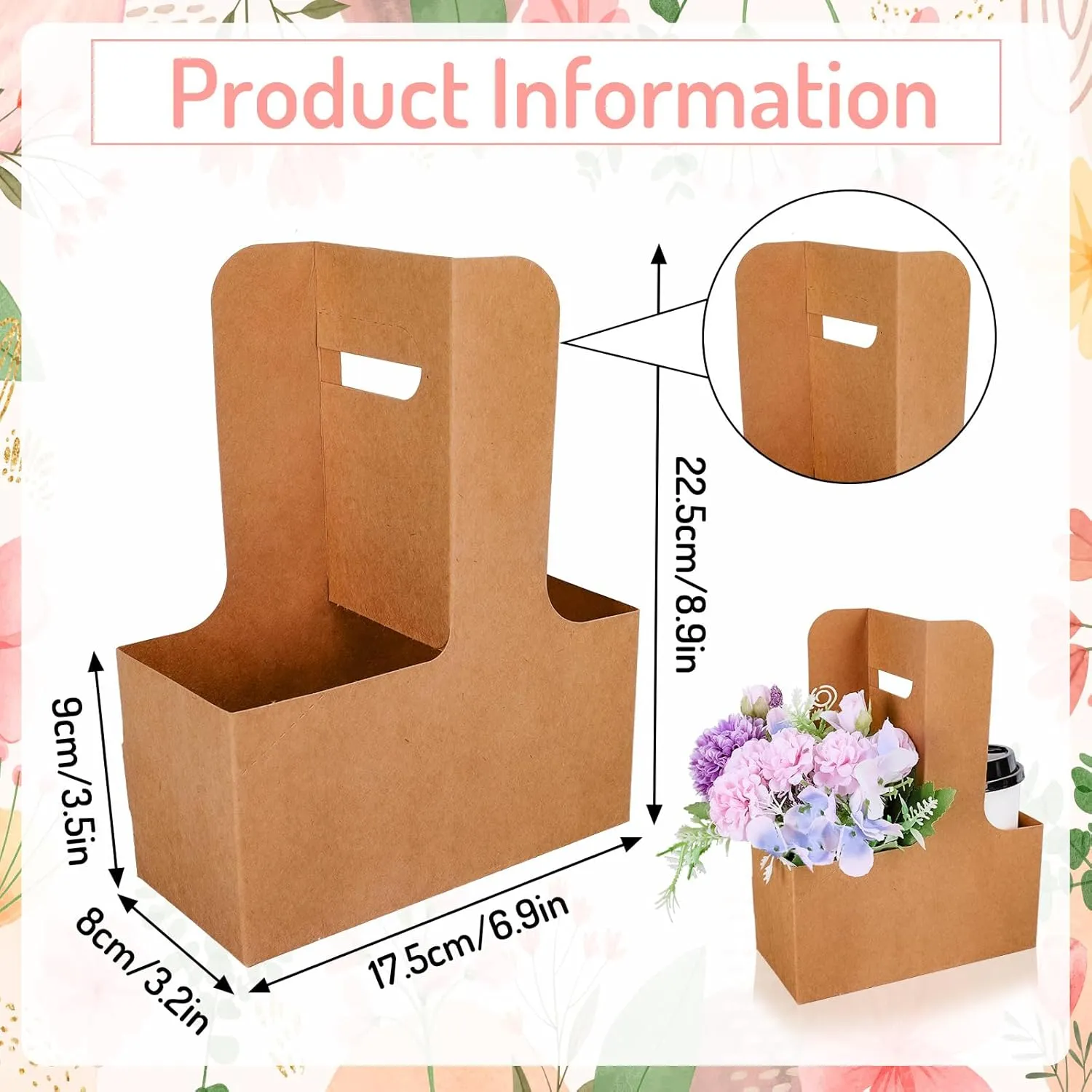 Whaline Kraft Flower Gift Bags 20Pcs Mother's Day Drink Carrier with Handle to 2 Cup Rectangle Floral Wrap Packing Box Kraft Paper Holder Basket for Graduation Wedding Birthday Party Gift Decor