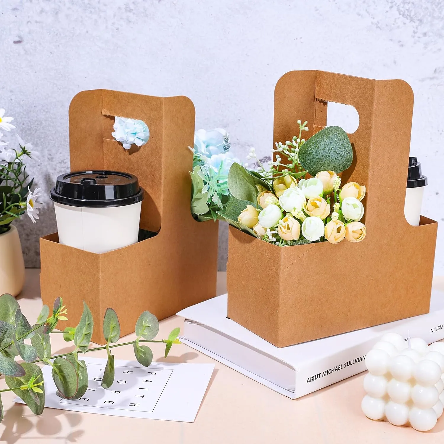 Whaline Kraft Flower Gift Bags 20Pcs Mother's Day Drink Carrier with Handle to 2 Cup Rectangle Floral Wrap Packing Box Kraft Paper Holder Basket for Graduation Wedding Birthday Party Gift Decor