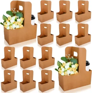 Whaline Kraft Flower Gift Bags 20Pcs Mother's Day Drink Carrier with Handle to 2 Cup Rectangle Floral Wrap Packing Box Kraft Paper Holder Basket for Graduation Wedding Birthday Party Gift Decor