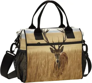 Wheat Field Deer Print Insulated Lunch Bag with Shoulder Strap & Carry Handle, Eco-friendly Cooler Bag Tote Bag for Men,Women#444