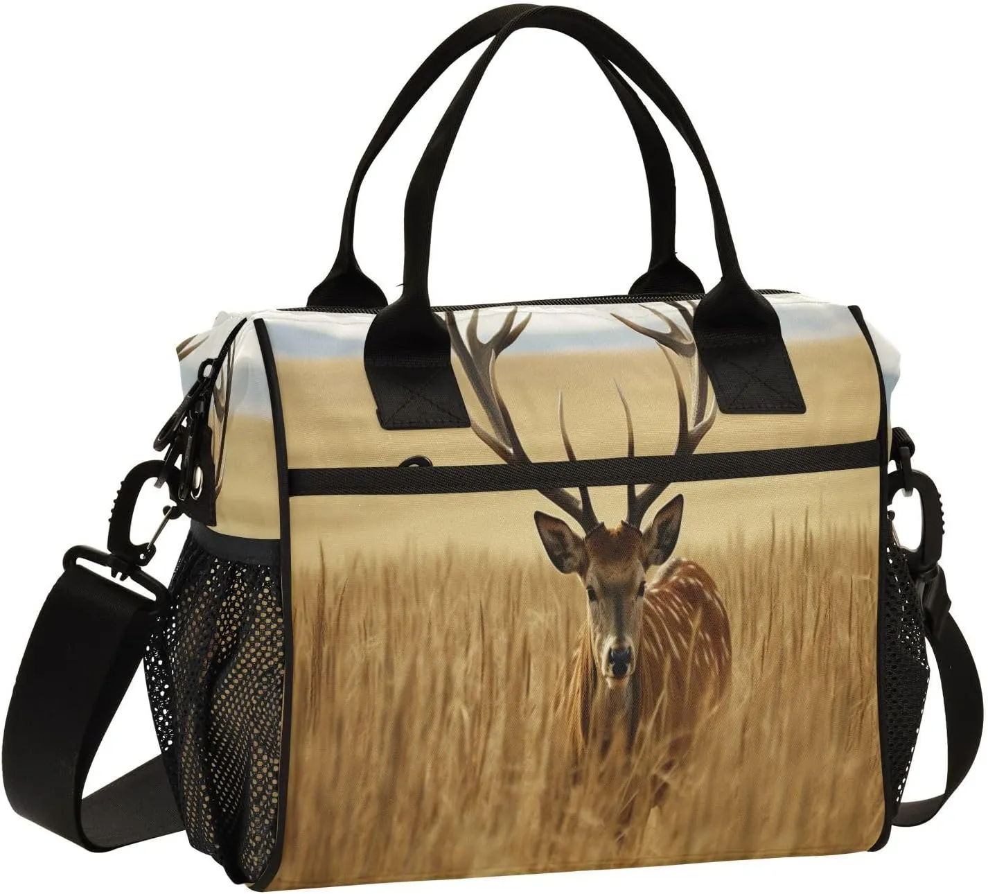 Wheat Field Deer Print Insulated Lunch Bag with Shoulder Strap & Carry Handle, Eco-friendly Cooler Bag Tote Bag for Men,Women#444