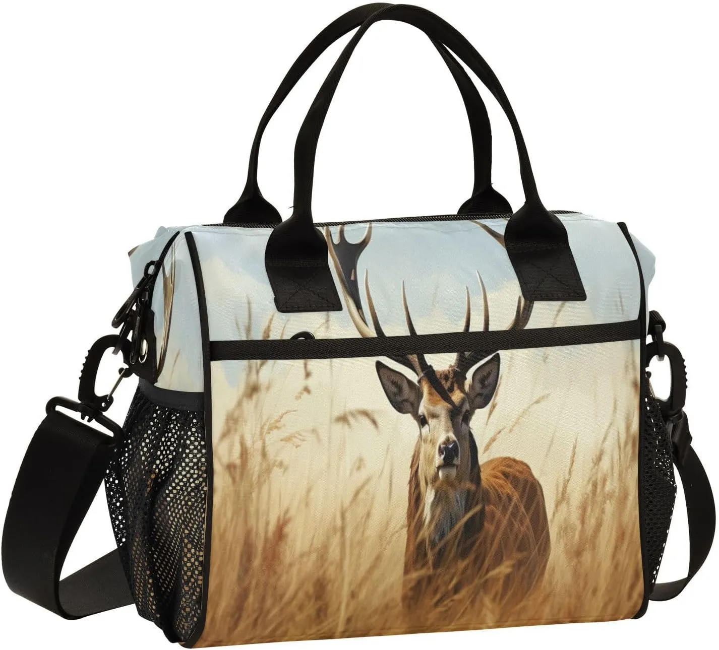 Wheat Field Deer Print Insulated Lunch Bag with Shoulder Strap & Carry Handle, Eco-friendly Cooler Bag Tote Bag for Men,Women#447