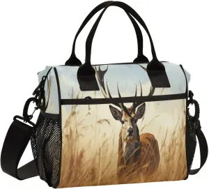 Wheat Field Deer Print Insulated Lunch Bag with Shoulder Strap & Carry Handle, Eco-friendly Cooler Bag Tote Bag for Men,Women#447