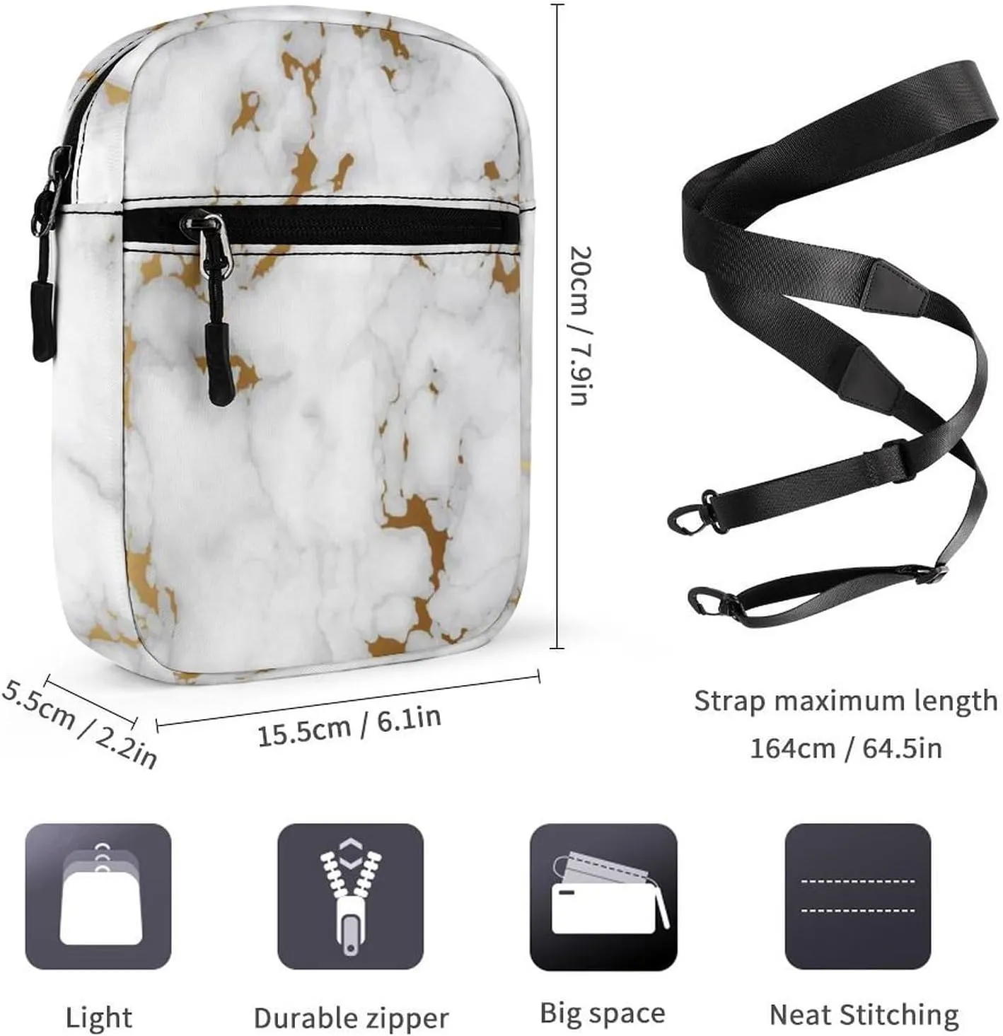 White Marble Abstract Art with Golden Glitter Texture Adjustable Fanny Waist Pack Pouch, Waterproof Crossbody Runners Bag Wallet for Gym Hiking Fitness Women Men 6.1 x 2.2 x 7.9 inch