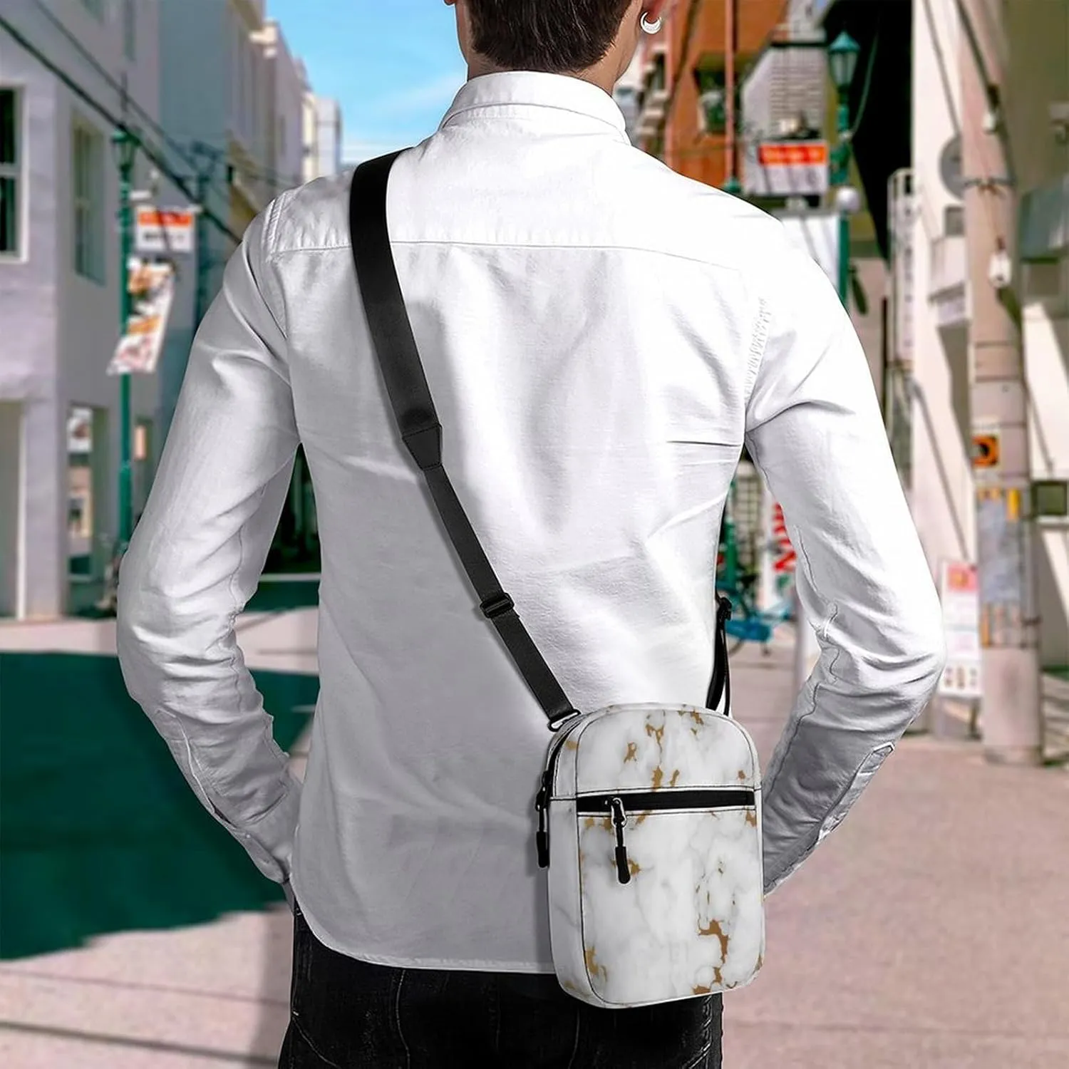 White Marble Abstract Art with Golden Glitter Texture Adjustable Fanny Waist Pack Pouch, Waterproof Crossbody Runners Bag Wallet for Gym Hiking Fitness Women Men 6.1 x 2.2 x 7.9 inch