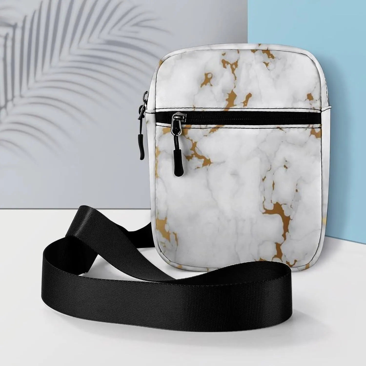 White Marble Abstract Art with Golden Glitter Texture Adjustable Fanny Waist Pack Pouch, Waterproof Crossbody Runners Bag Wallet for Gym Hiking Fitness Women Men 6.1 x 2.2 x 7.9 inch