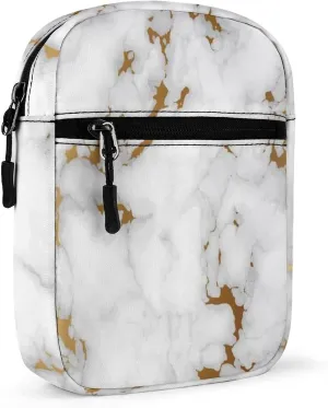 White Marble Abstract Art with Golden Glitter Texture Adjustable Fanny Waist Pack Pouch, Waterproof Crossbody Runners Bag Wallet for Gym Hiking Fitness Women Men 6.1 x 2.2 x 7.9 inch