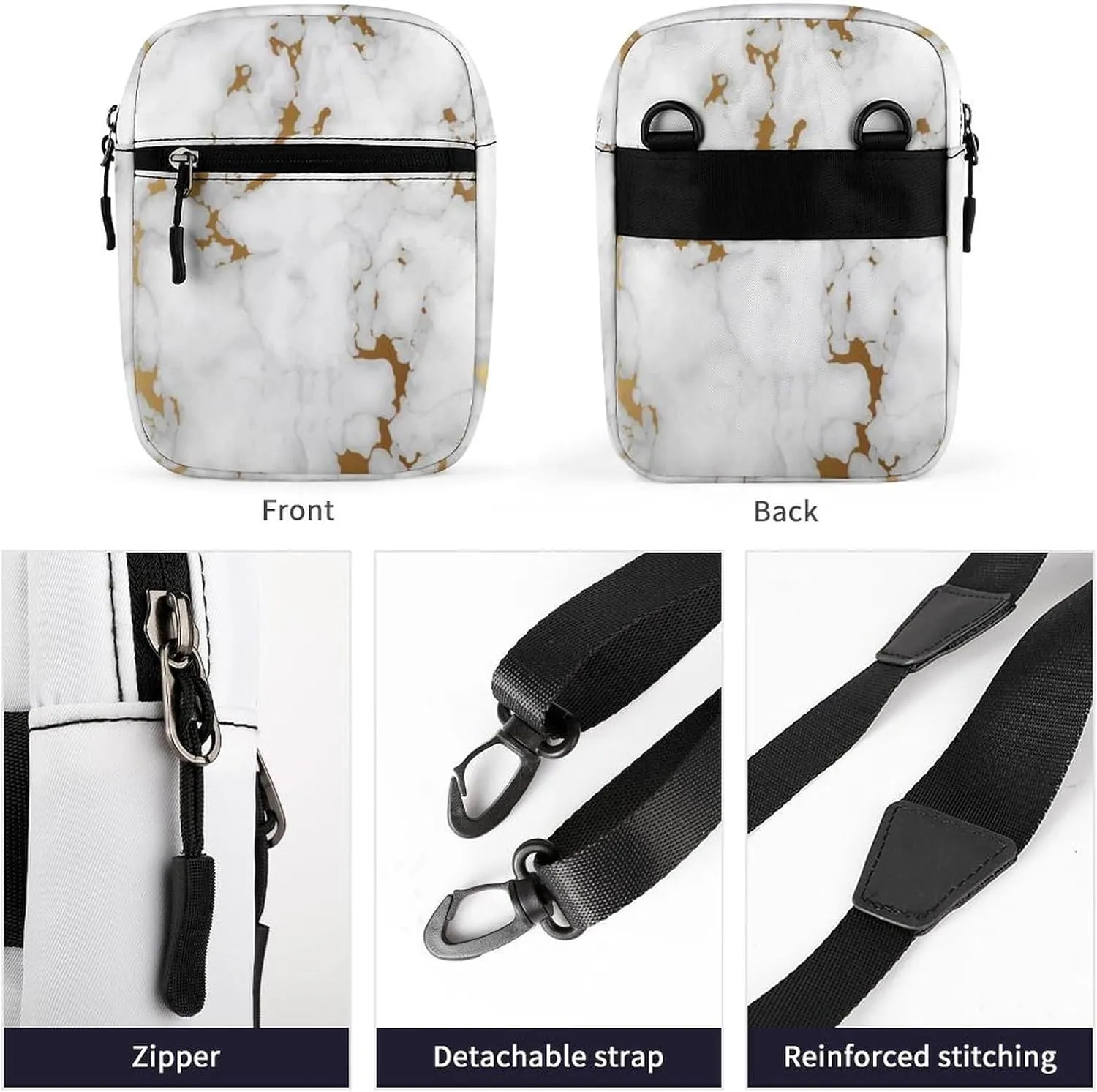 White Marble Abstract Art with Golden Glitter Texture Adjustable Fanny Waist Pack Pouch, Waterproof Crossbody Runners Bag Wallet for Gym Hiking Fitness Women Men 6.1 x 2.2 x 7.9 inch