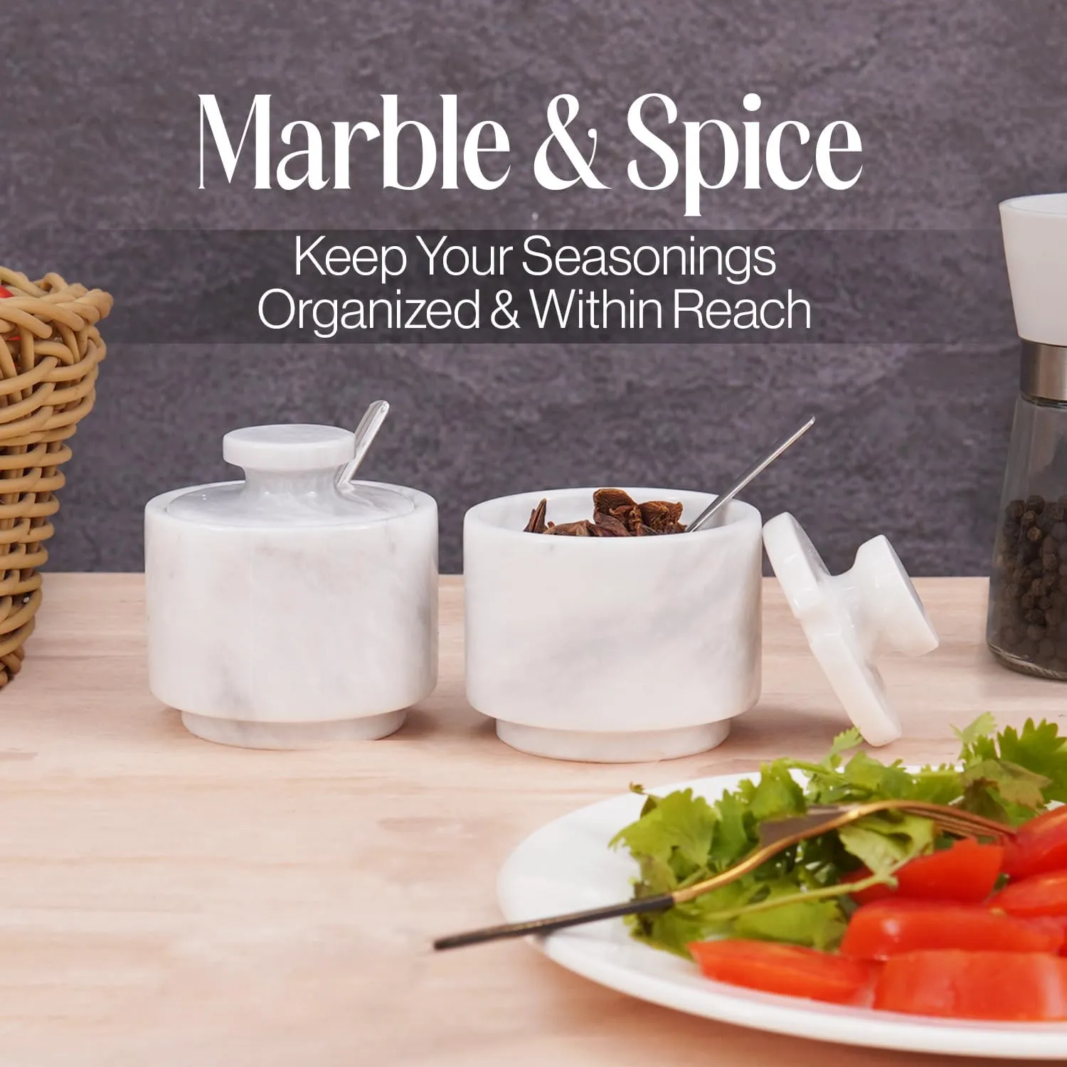 White Marble Salt Cellar with Lid and Spoon 3 Inch Flaky Salt Box and Sugar Bowl for Kitchen, Salt Holder with lid and Spoon