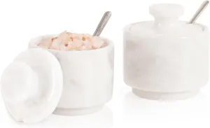 White Marble Salt Cellar with Lid and Spoon 3 Inch Flaky Salt Box and Sugar Bowl for Kitchen, Salt Holder with lid and Spoon