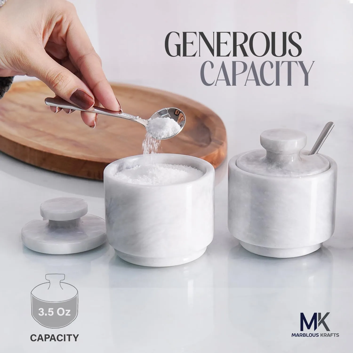White Marble Salt Cellar with Lid and Spoon 3 Inch Flaky Salt Box and Sugar Bowl for Kitchen, Salt Holder with lid and Spoon