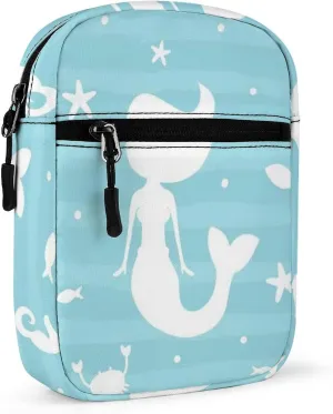 White Silhouettes of Girl with Mermaid Tail Starfish on Turquoise Adjustable Fanny Waist Pack Pouch, Waterproof Crossbody Runners Bag Wallet for Gym Hiking Fitness Women Men 6.1 x 2.2 x 7.9 inch