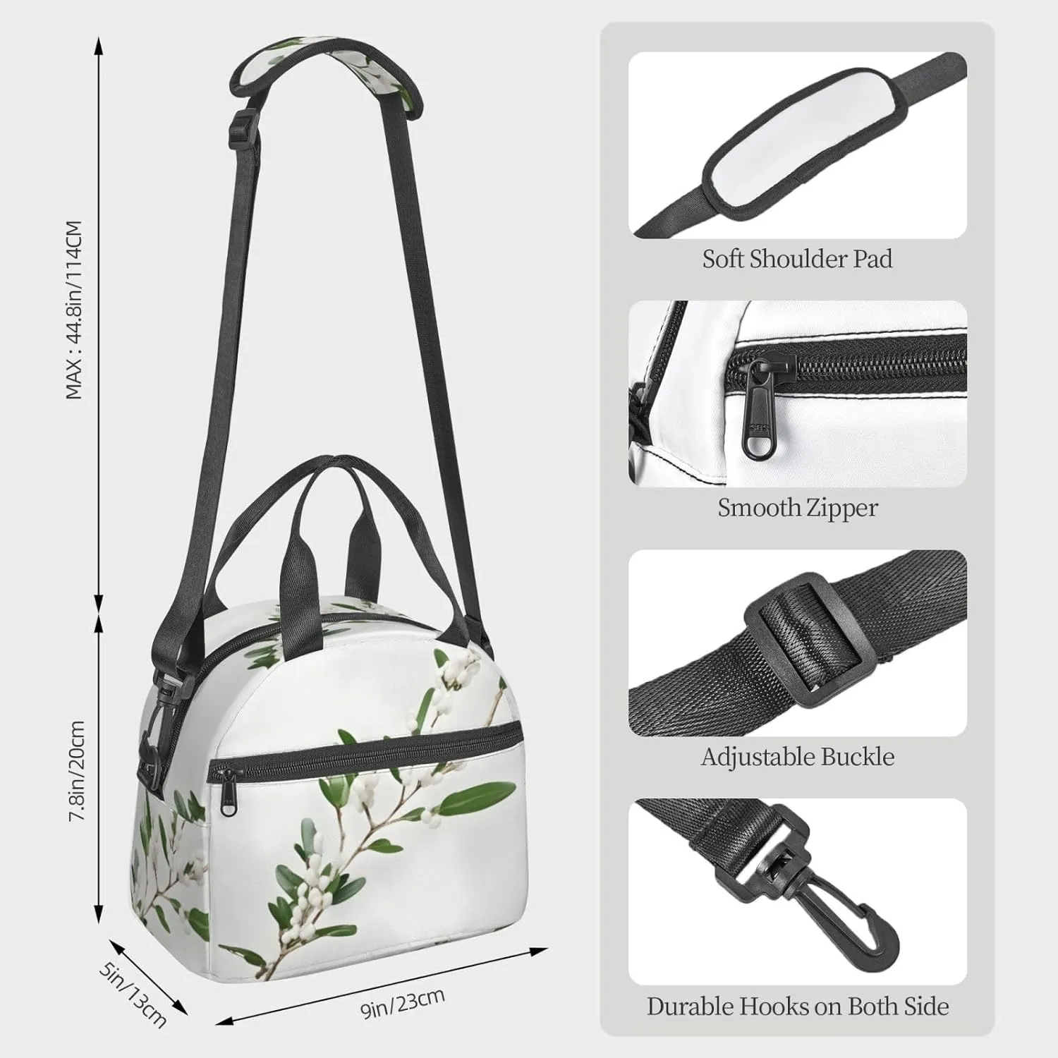White Wild Green Twig Insulated Lunch Bag Lunch Box For Women Men Reusable Tote For Office Gym Outings
