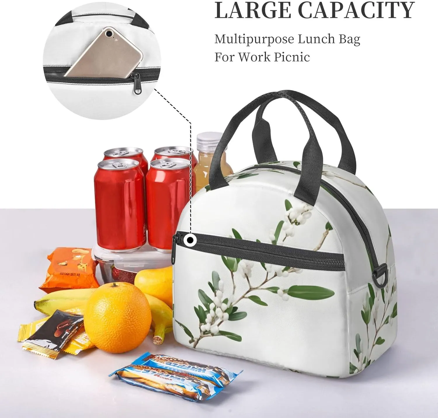 White Wild Green Twig Insulated Lunch Bag Lunch Box For Women Men Reusable Tote For Office Gym Outings