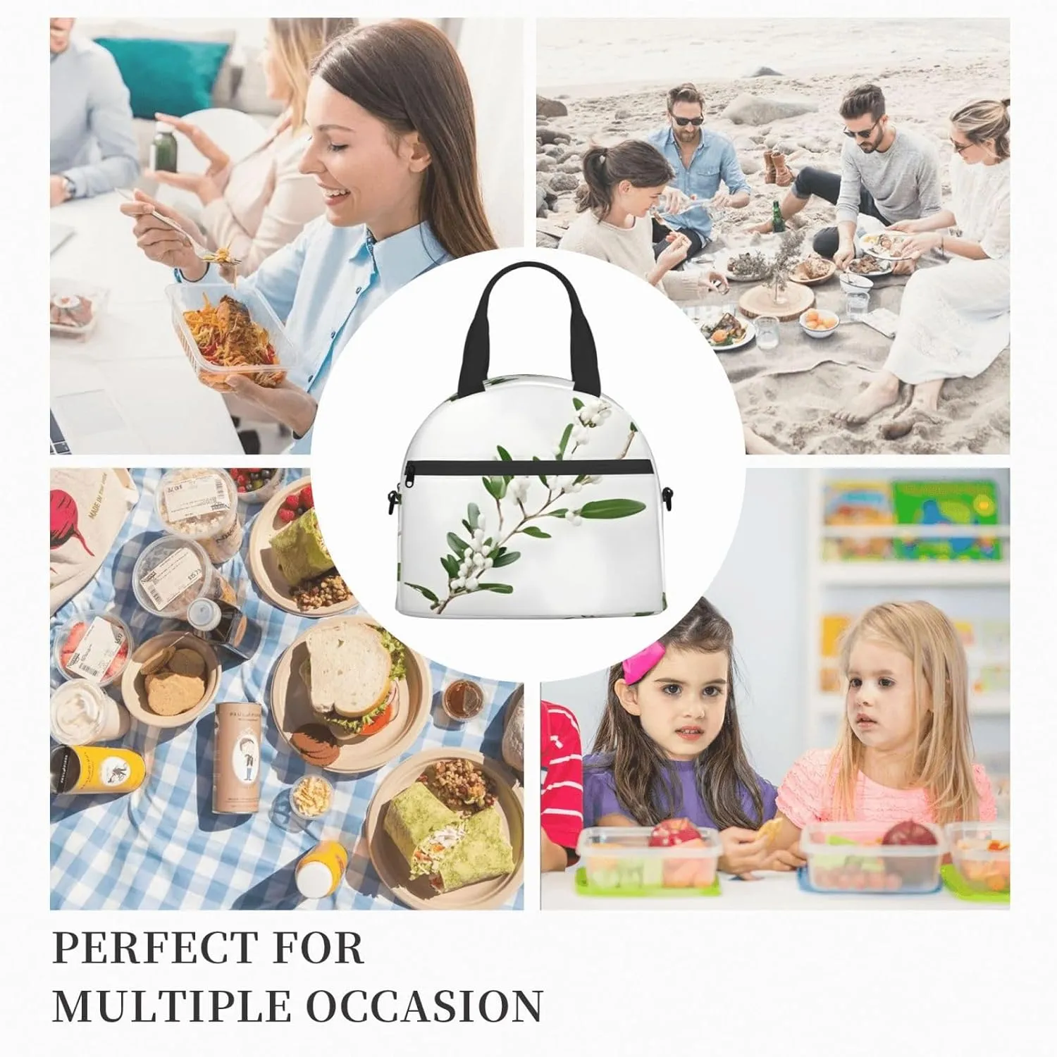 White Wild Green Twig Insulated Lunch Bag Lunch Box For Women Men Reusable Tote For Office Gym Outings
