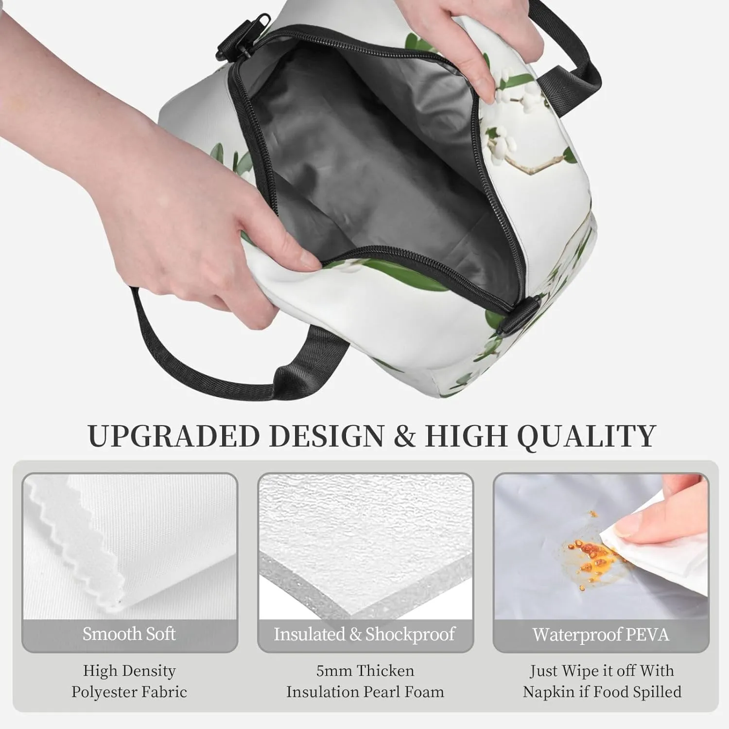 White Wild Green Twig Insulated Lunch Bag Lunch Box For Women Men Reusable Tote For Office Gym Outings