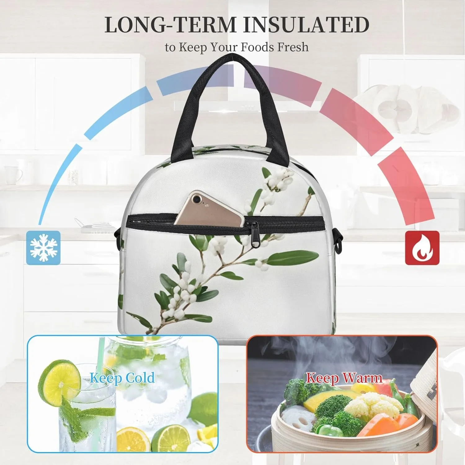White Wild Green Twig Insulated Lunch Bag Lunch Box For Women Men Reusable Tote For Office Gym Outings