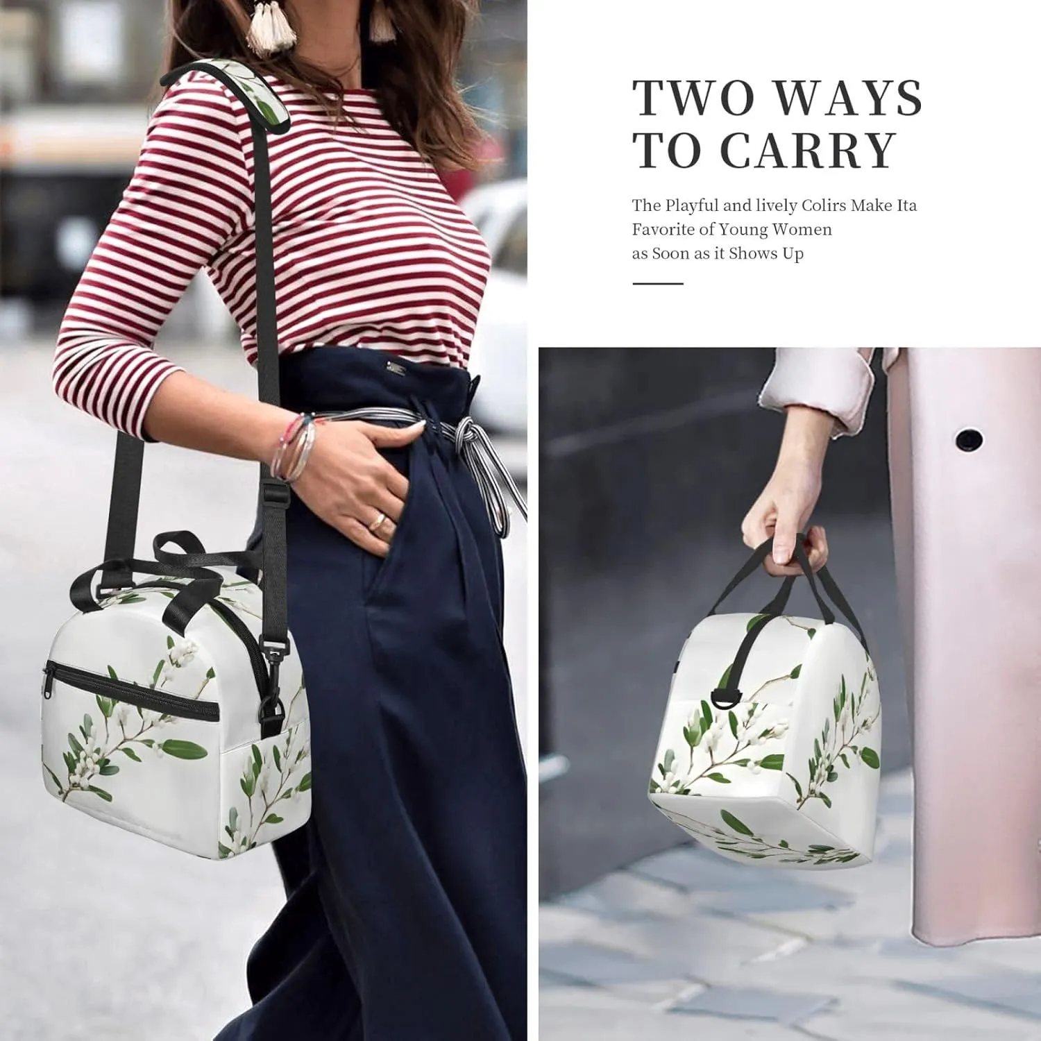 White Wild Green Twig Insulated Lunch Bag Lunch Box For Women Men Reusable Tote For Office Gym Outings