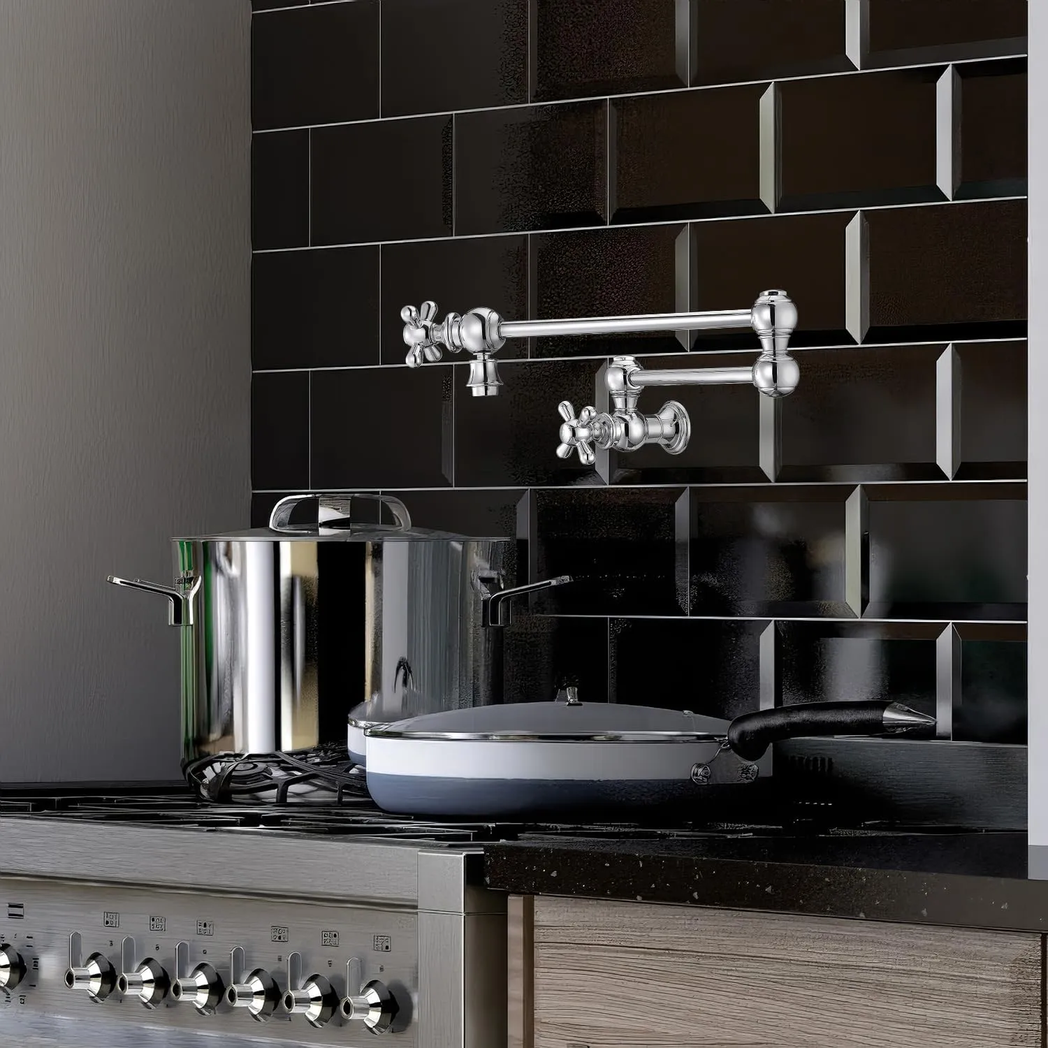 Whitehaus Kitchen Faucet; Brass Construction, Retractable Swing Spout, Cross Handle; Polished Chrome