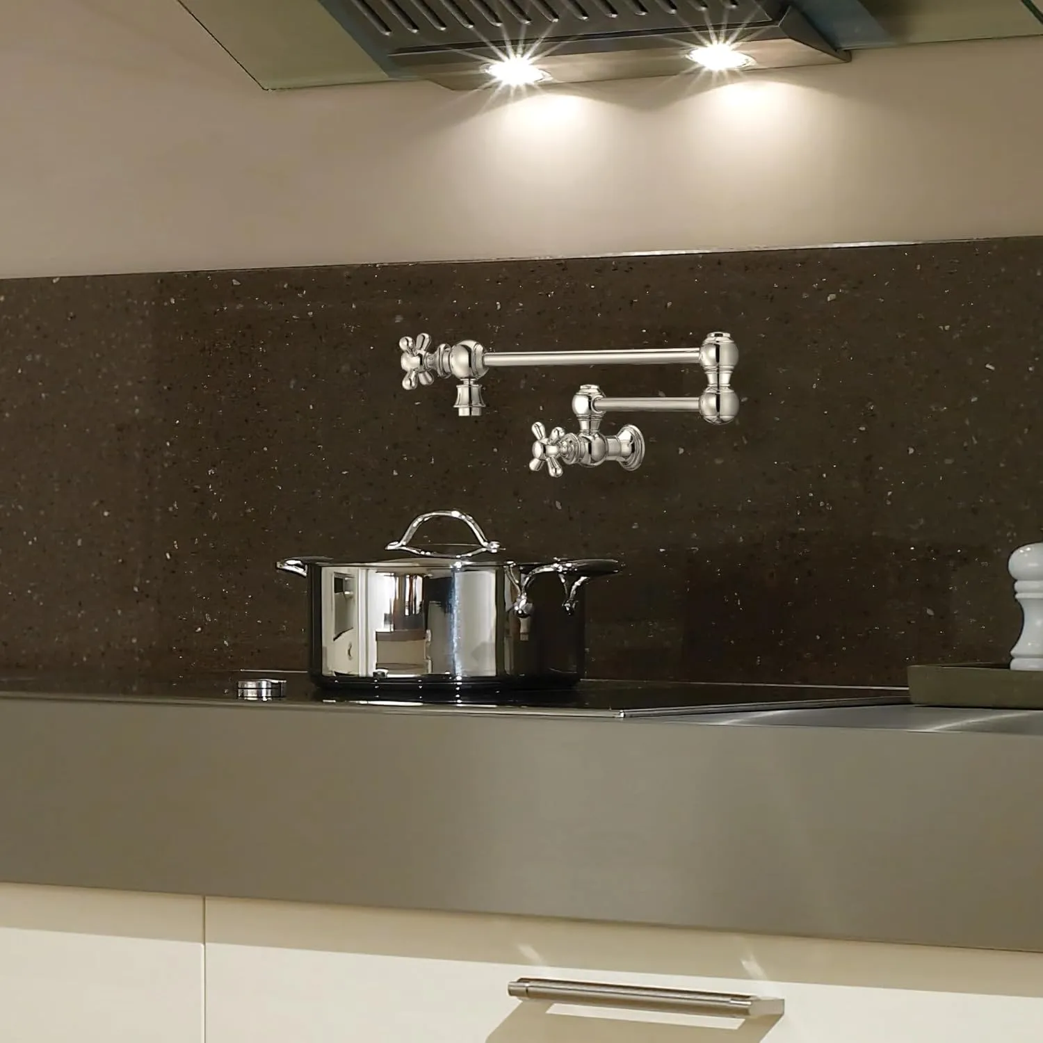 Whitehaus Kitchen Faucet; Brass Construction, Retractable Swing Spout, Cross Handle; Polished Nickel