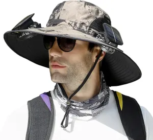 Wide Brim Solar Fan Outdoor Fishing Hat, Solar & USB Powered, Summer UV Protection Outdoor Fishing Hats UPF 50