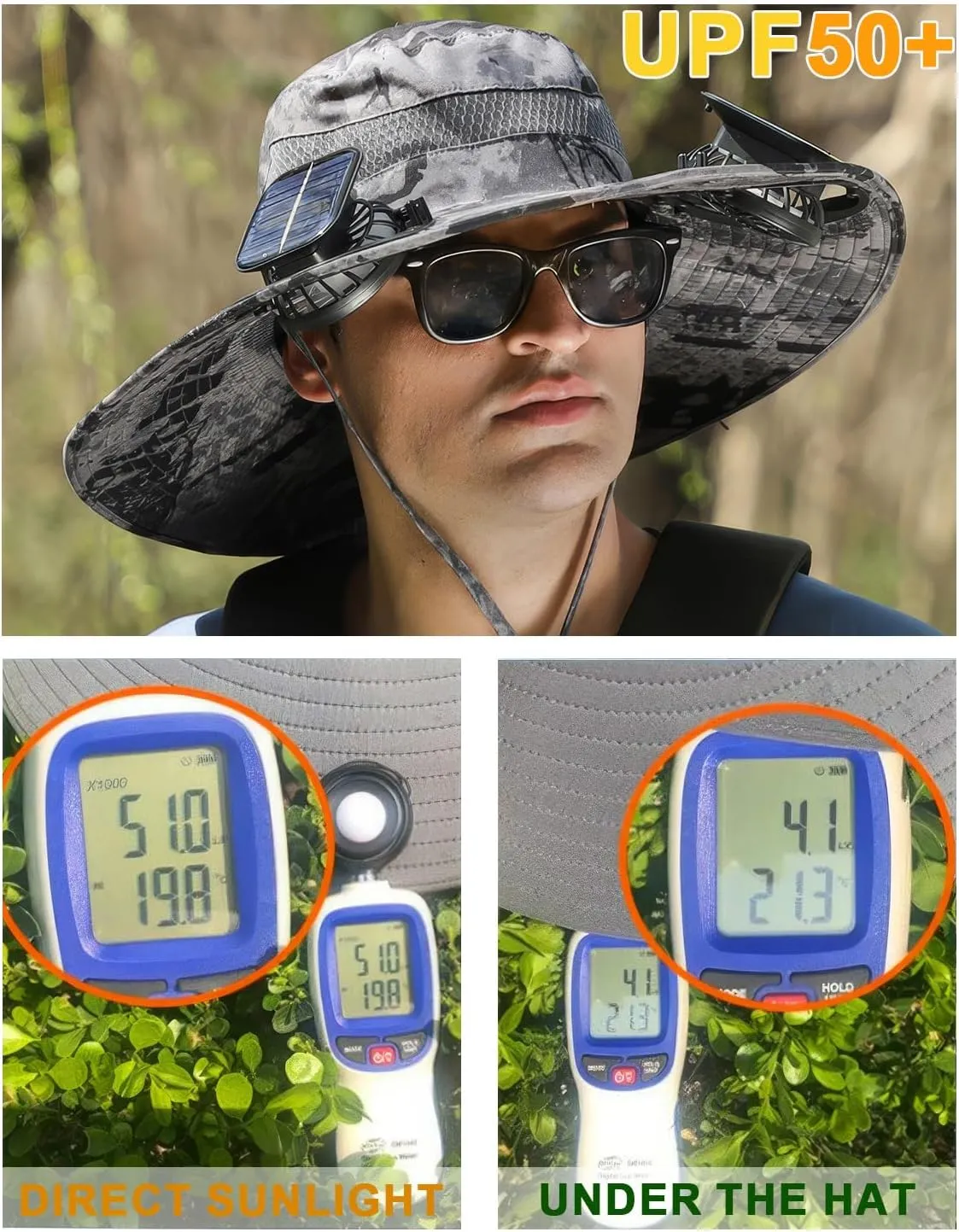 Wide Brim Solar Fan Outdoor Fishing Hat, Solar & USB Powered, Summer UV Protection Outdoor Fishing Hats UPF 50