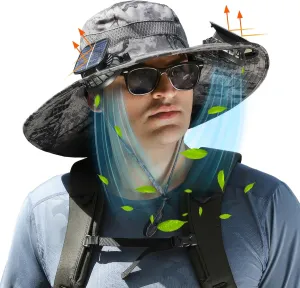 Wide Brim Solar Fan Outdoor Fishing Hat, Solar & USB Powered, Summer UV Protection Outdoor Fishing Hats UPF 50