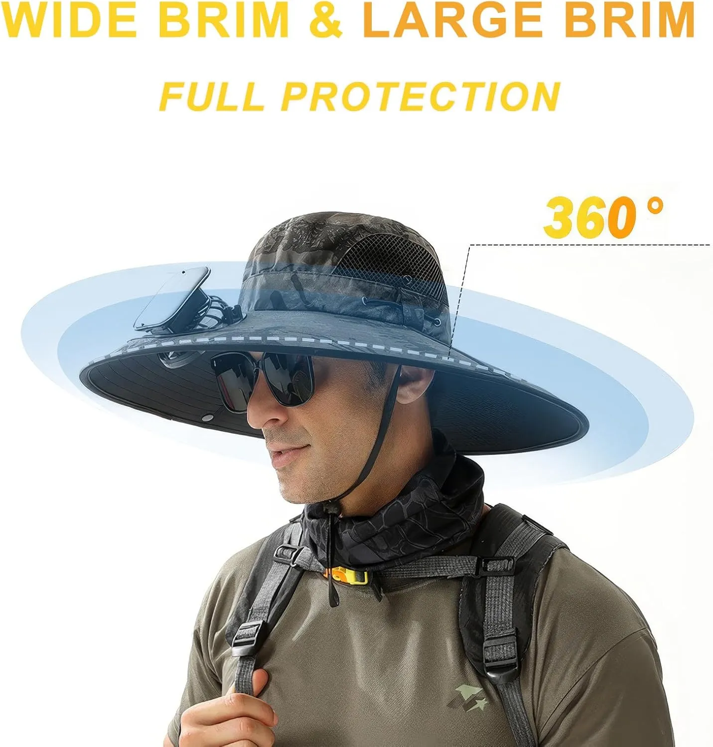 Wide Brim Solar Fan Outdoor Fishing Hat, Solar & USB Powered, Summer UV Protection Outdoor Fishing Hats UPF 50