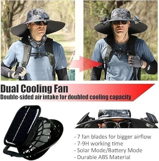 Wide Brim Solar Fan Outdoor Fishing Hat，- UPF 50  Hat with Solar Fans Built in- Removable and USB Charging Fan