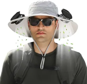 Wide Brim Solar Fan Outdoor Fishing Hat，- UPF 50  Hat with Solar Fans Built in- Removable and USB Charging Fan