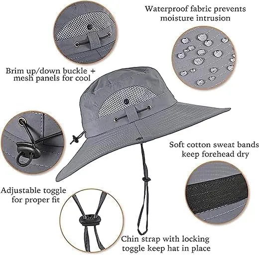 Wide Brim Solar Fan Outdoor Fishing Hat，- UPF 50  Hat with Solar Fans Built in- Removable and USB Charging Fan