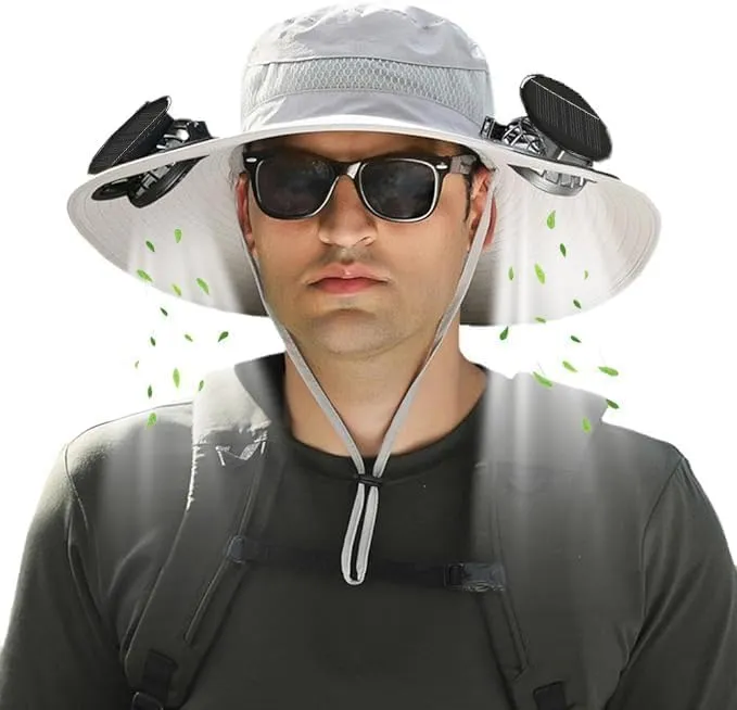 Wide Brim Solar Fan Outdoor Fishing Hat，- UPF 50  Hat with Solar Fans Built in- Removable and USB Charging Fan