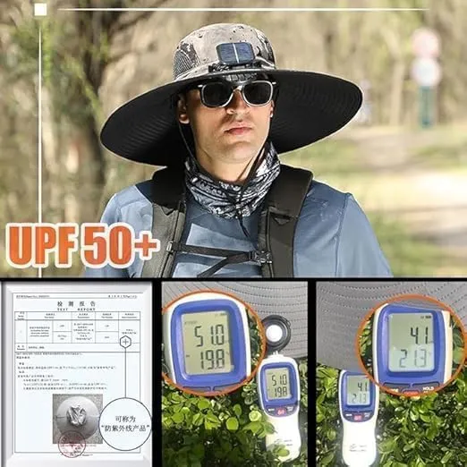 Wide Brim Solar Fan Outdoor Fishing Hat，- UPF 50  Hat with Solar Fans Built in- Removable and USB Charging Fan