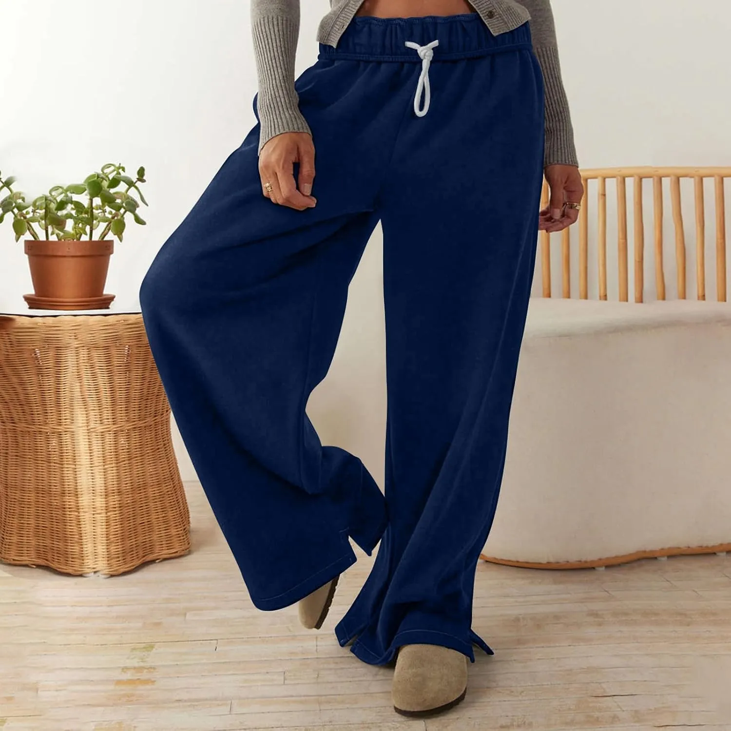 Wide Leg Sweatpants for Women Drawstring High Waisted Lounge Trousers Elastic Waist Baggy Casual Pants with Pockets