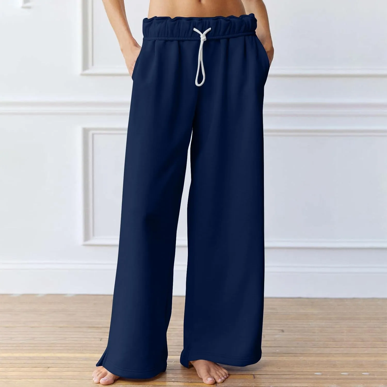 Wide Leg Sweatpants for Women Drawstring High Waisted Lounge Trousers Elastic Waist Baggy Casual Pants with Pockets