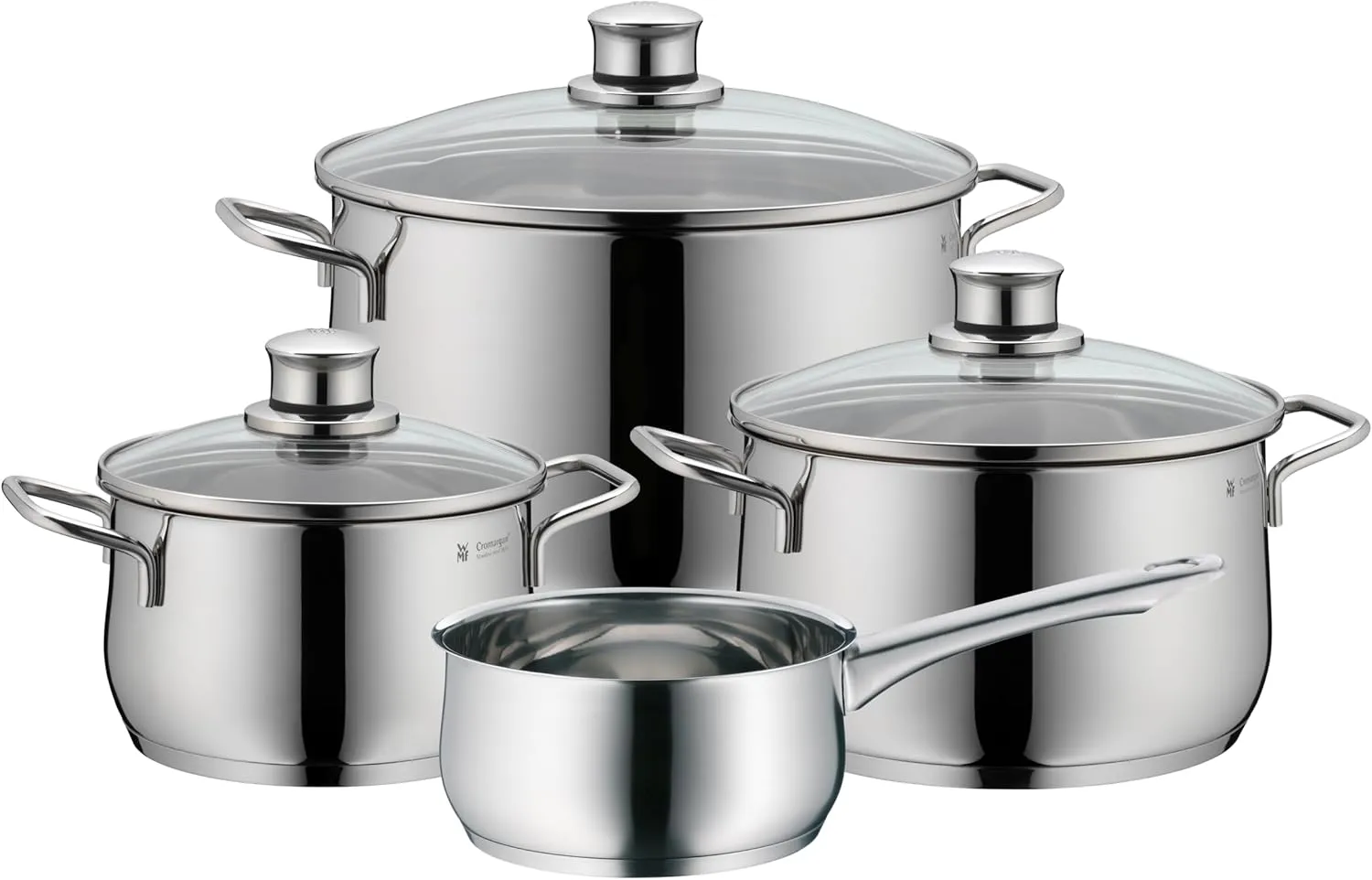 WMF Diadem Plus 073044 4-Piece Saucepan Set with Glass Lid, Cromargan®: Rustproof Stainless Steel 18/10, Wide Pouring Rim, Extraordinary Design, TransTherm Universal Base for All Hob Types Including