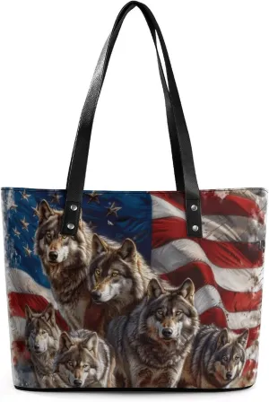 Wolf American Flag Women's Tote Shoulder Bag Handbag Top Handle Leather 29 * 34 * 14cm