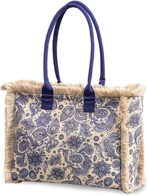 Women Canvas Handbag Ethnic Style Tote Bag Retro Shoulder Bag with Tassels Summer Beach Bag Bohemian Top Handle Bag