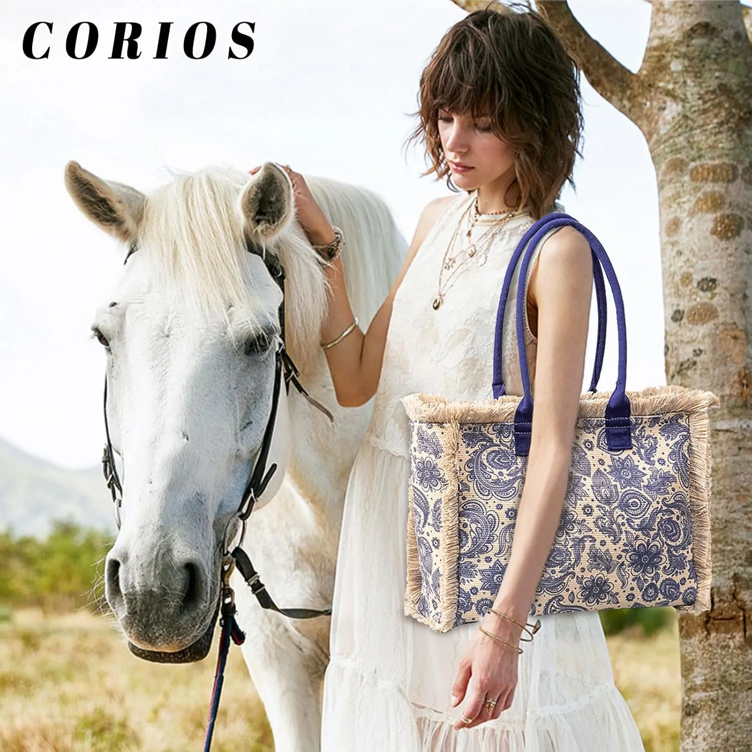 Women Canvas Handbag Ethnic Style Tote Bag Retro Shoulder Bag with Tassels Summer Beach Bag Bohemian Top Handle Bag