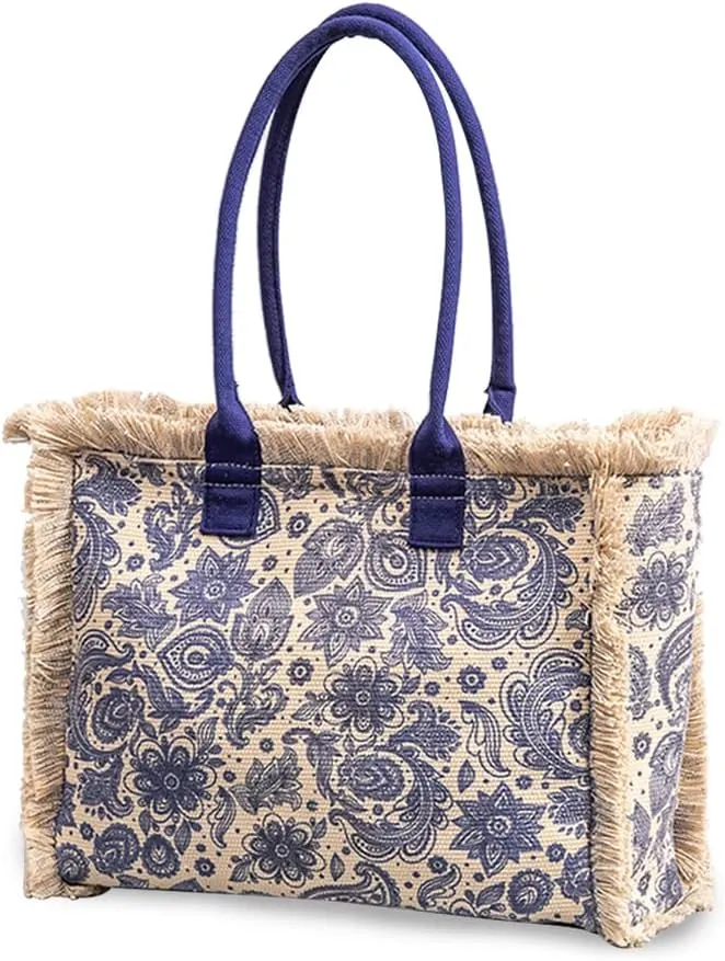 Women Canvas Handbag Ethnic Style Tote Bag Retro Shoulder Bag with Tassels Summer Beach Bag Bohemian Top Handle Bag